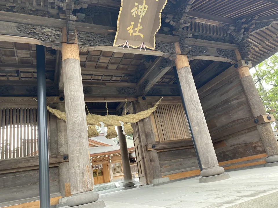 Inside Aso Shrine’s restored gate in May 2024