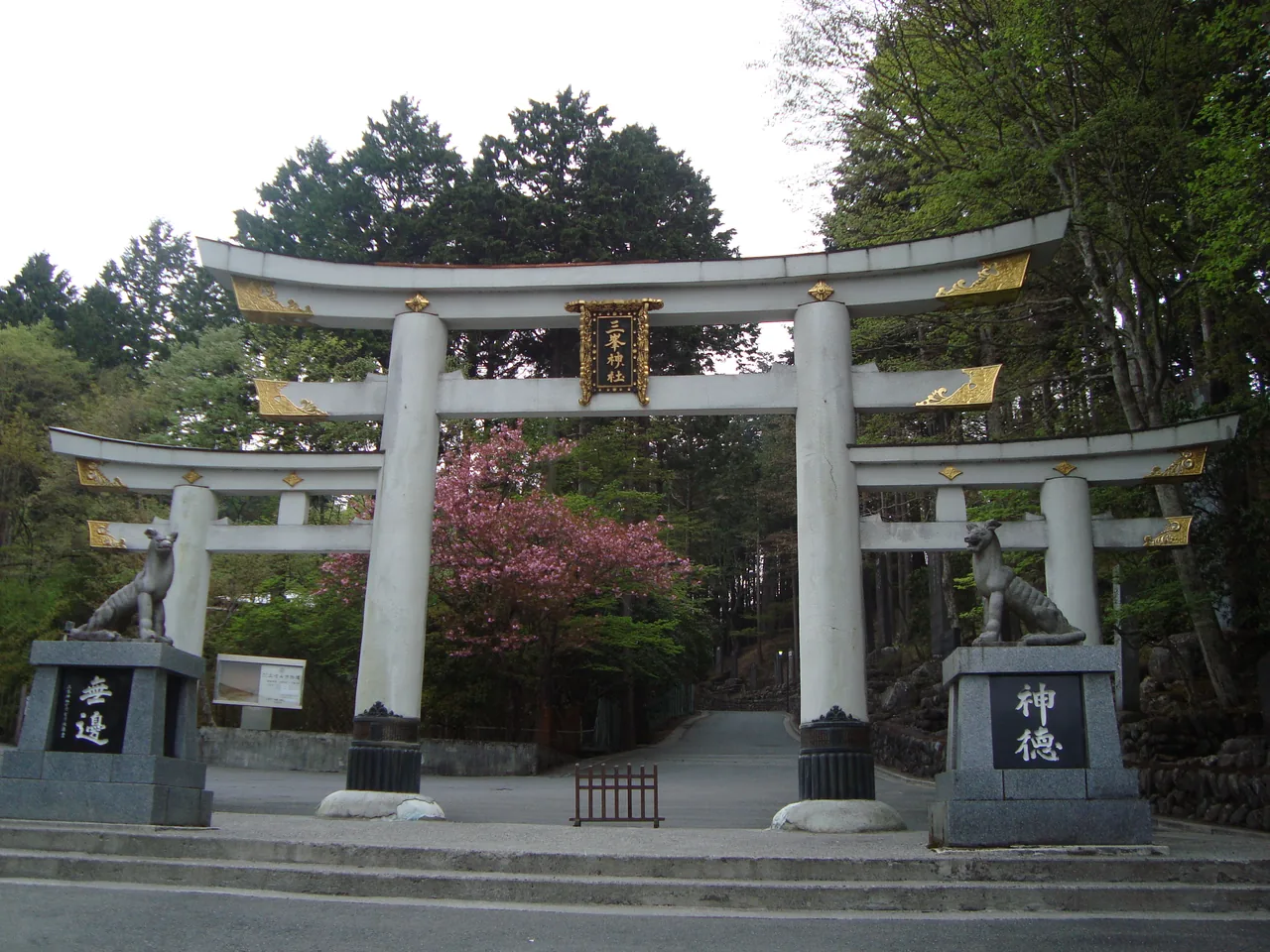The three-part torii and wolf statues at Mitsumine Shrine